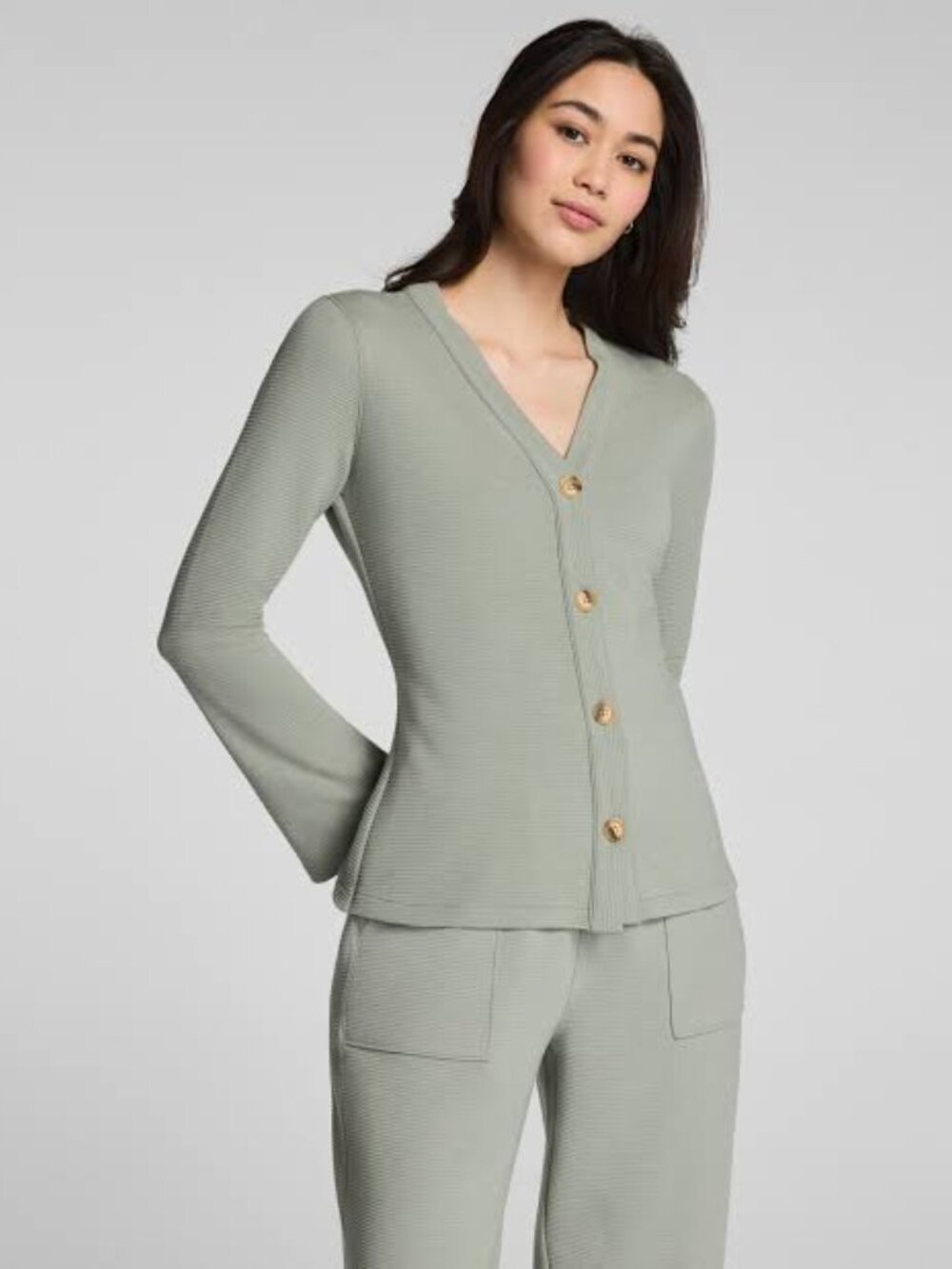 SPANX Women’s 3X Olive Green Single Button V-Neck Long Sleeve Top Sweater